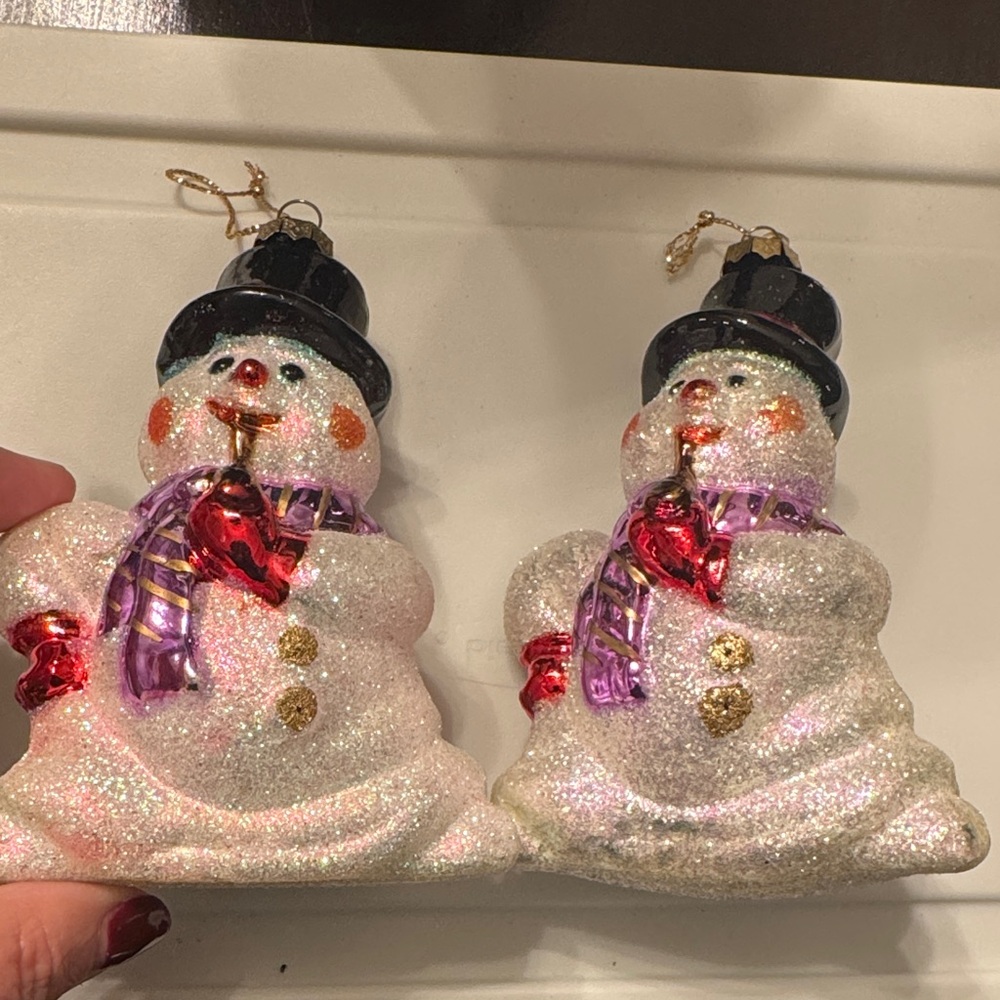 Glittery Snowman Holiday Ornaments - White and Gold